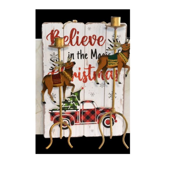 Pair Of Brass Candleholders With Reindeer Christmas Decor - Picture 1 of 6